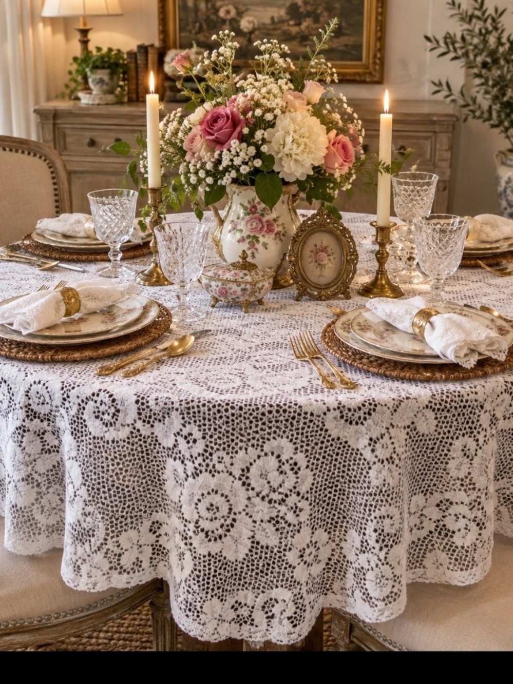 Classic White Crochet Shabby Chic Farmhouse Lace Tablecloth Wedding Baby Shower